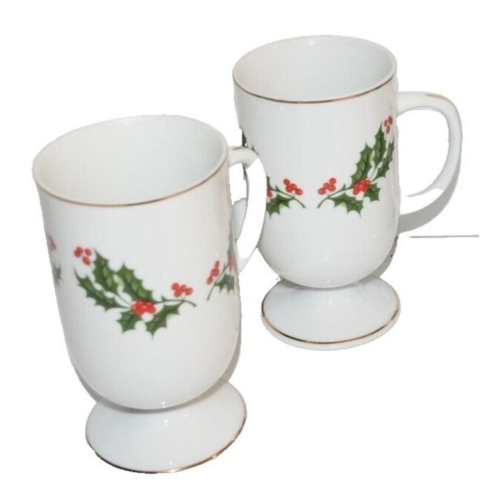 Vtg Christmas Holly Set 2 pc Footed Irish‎ Coffee Mugs Japan Holiday cups